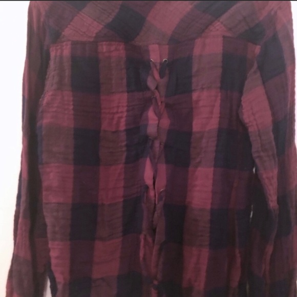 cloth & stone Lace Up Burgundy Navy Flannel Top - Picture 5 of 7